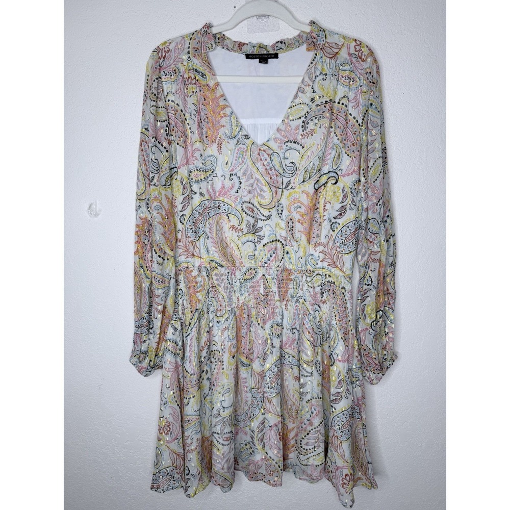 Boston Proper Smocked Mini Dress M Paisley Bell Sleeves Shimmer Fairy Peasant - Picture 2 of 13